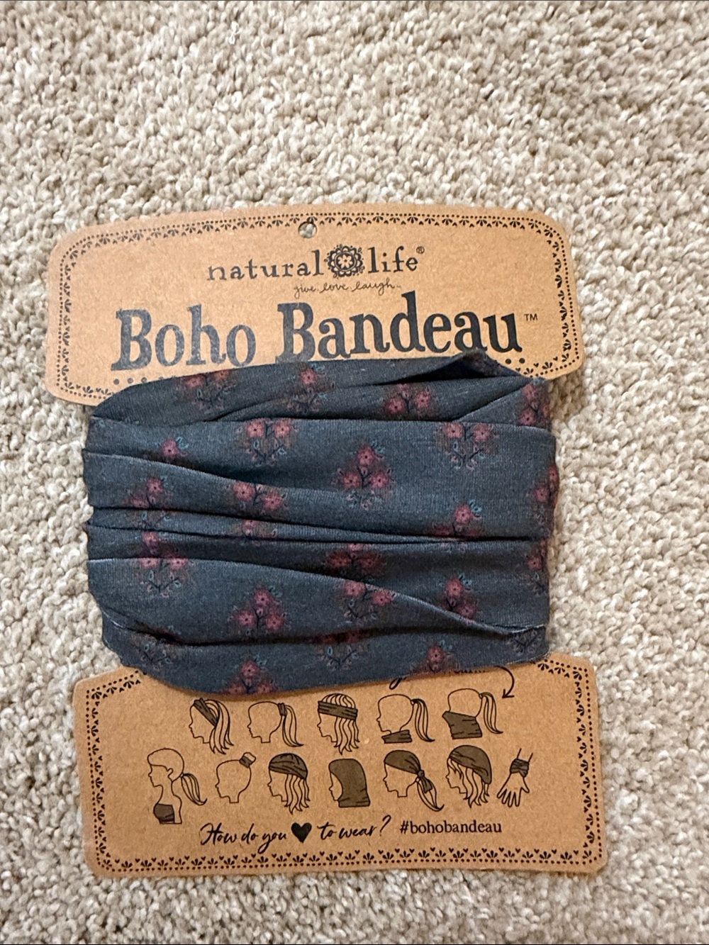 NATURAL LIFE Boho Bandeau Headband in Charcoal with Pink Floral Accents